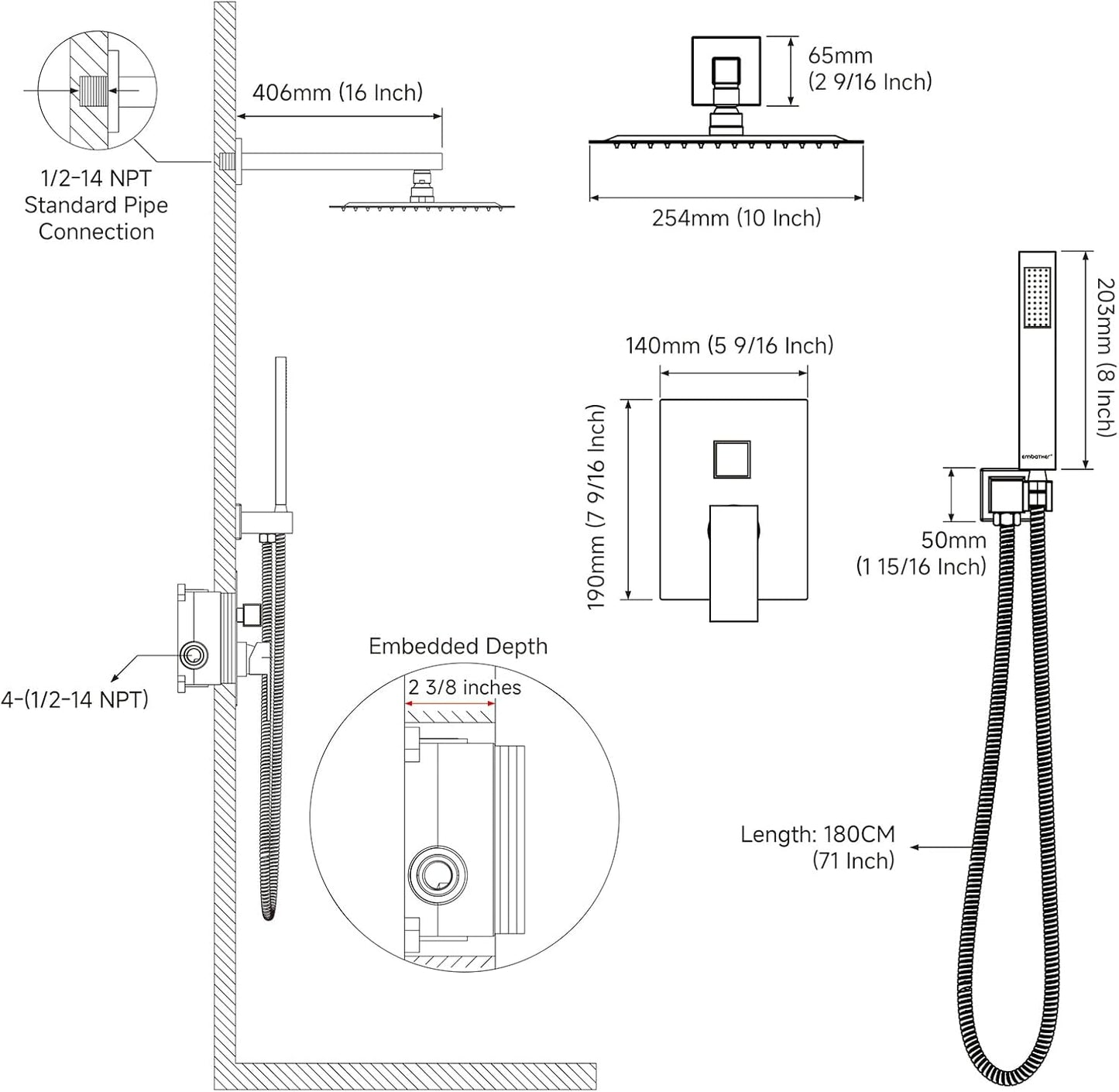 Rain Shower System Sets Faucet: 10 Inch Overhead Rainhead Shower Combo Set with Handheld and Valve-Luxury Modern Mixer Rainfall Brushed Nickel Shower Faucets Sets Complete