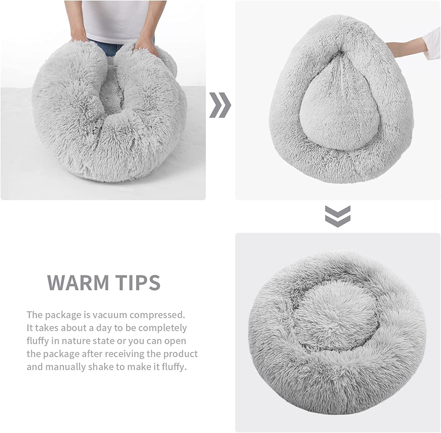 Calming Dog Bed for Medium Dogs, anti Anxiety Donut Dog Bed, round Dog Bed for Puppy, Plush Faux Fur Dog Bed, Fluffy Dog Bed, Soft Fuzzy Pet Bed, Machine Washable, 23X23Inch Grey