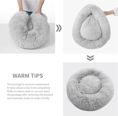 Calming Dog Bed for Medium Dogs, anti Anxiety Donut Dog Bed, round Dog Bed for Puppy, Plush Faux Fur Dog Bed, Fluffy Dog Bed, Soft Fuzzy Pet Bed, Machine Washable, 23X23Inch Grey
