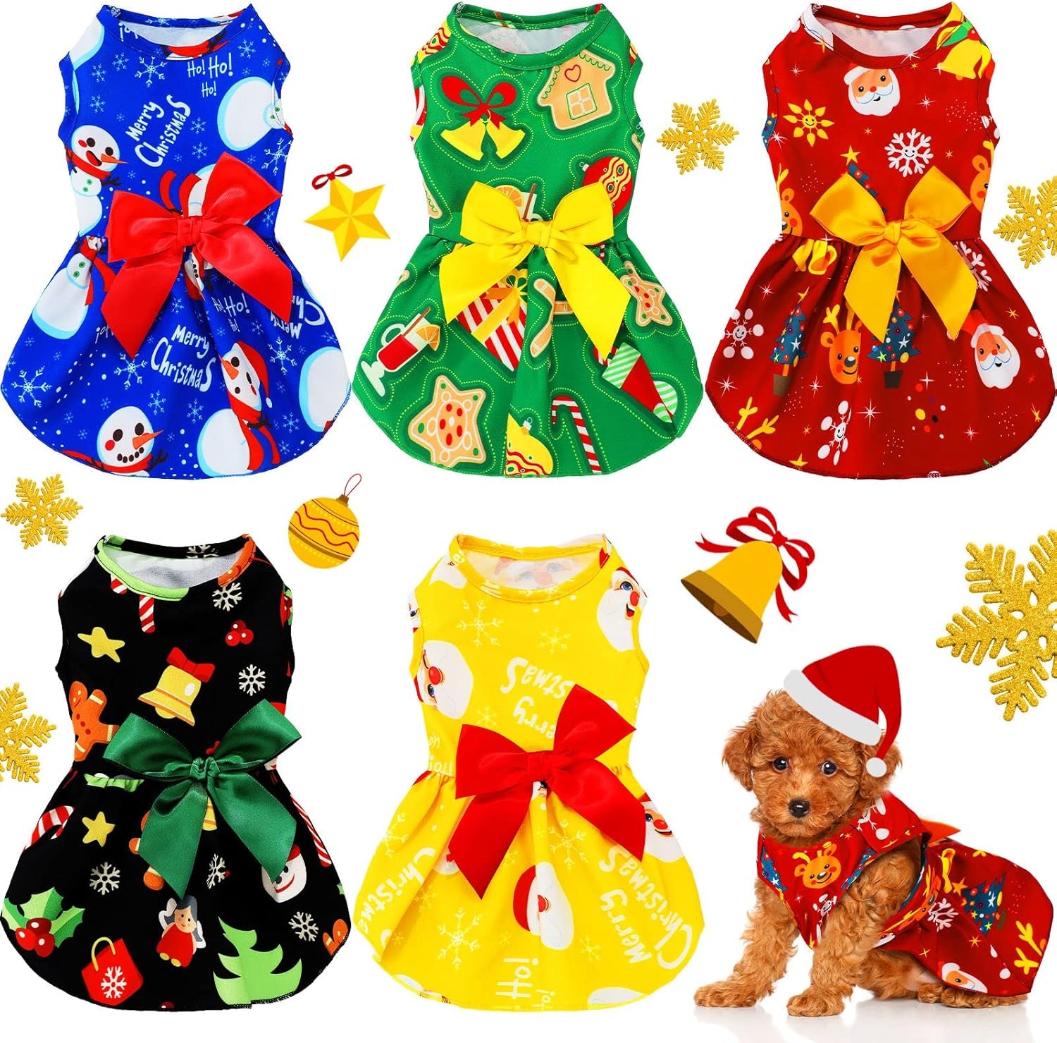 5 Pieces Christmas Dog Dress Cute Pet Princess Dress Bow-Knot Tutu Clothes Snowman Bell Reindeer Santa Dog Outfit Christmas Style Dog Skirt Elegant Pet Christmas Apparel Doggie Clothes(S (Fit 3-4Lbs))