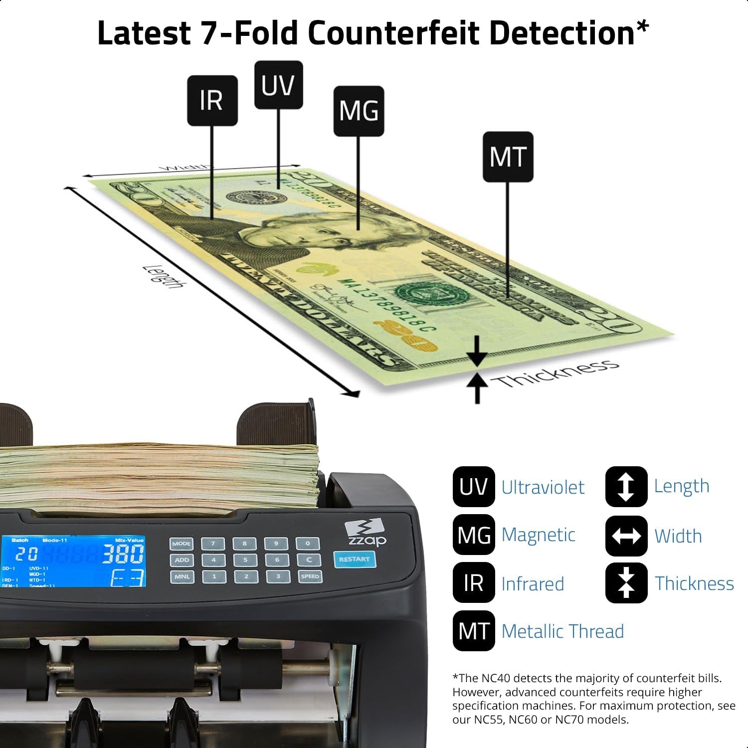 Bill Value Counter & Counterfeit Detector - Money Cash Currency Machine (NC40)