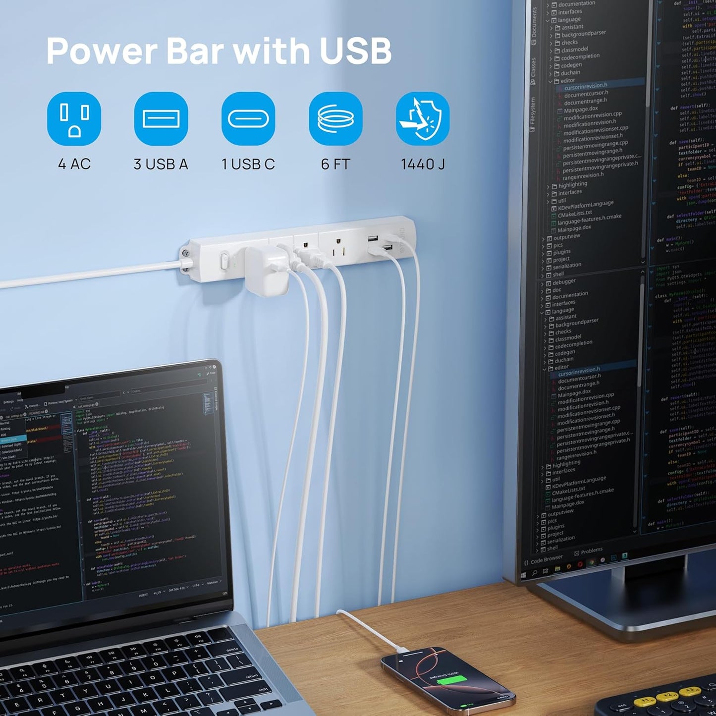 Surge Protector Power Strip with USB, Ultra Thin Flat Plug 6Ft Extension Cord 1625W, 3 USB a & 1 Type C, 4 AC Outlets 1440J Surge Protection ETL Listed, Wall Mount for Home Office Dorm, White