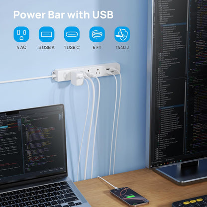 Surge Protector Power Strip with USB, Ultra Thin Flat Plug 6Ft Extension Cord 1625W, 3 USB a & 1 Type C, 4 AC Outlets 1440J Surge Protection ETL Listed, Wall Mount for Home Office Dorm, White