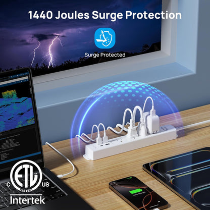 Surge Protector Power Strip with USB, Ultra Thin Flat Plug 6Ft Extension Cord 1625W, 3 USB a & 1 Type C, 4 AC Outlets 1440J Surge Protection ETL Listed, Wall Mount for Home Office Dorm, White