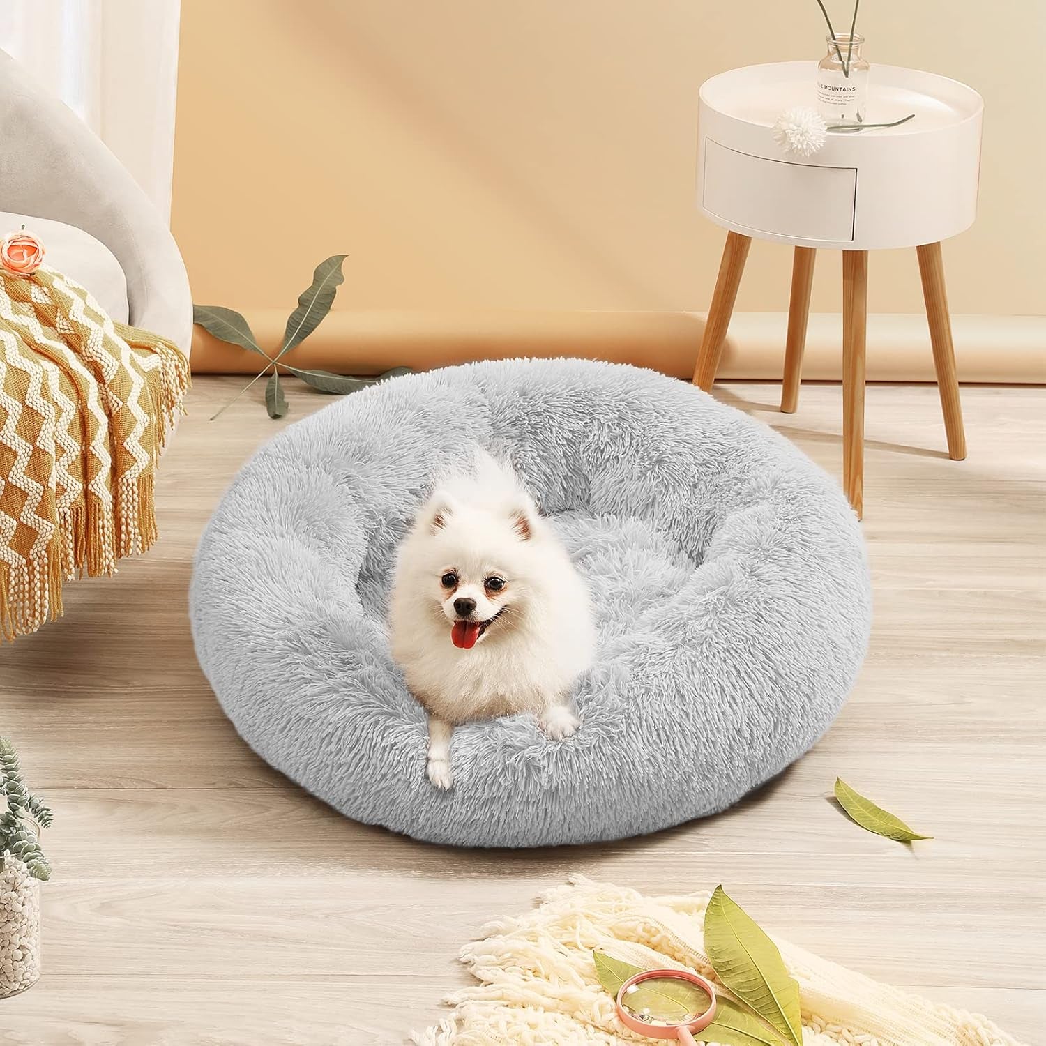 Calming Dog Bed for Medium Dogs, anti Anxiety Donut Dog Bed, round Dog Bed for Puppy, Plush Faux Fur Dog Bed, Fluffy Dog Bed, Soft Fuzzy Pet Bed, Machine Washable, 23X23Inch Grey