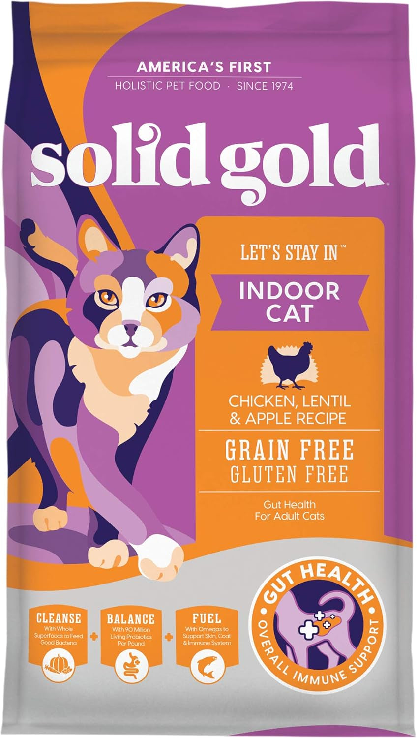 Indoor Dry Cat Food - Grain Free & Gluten Free - Chicken Cat Food Dry Kibble for Indoor Cats for Gut Health - Sensitive Stomach & Hairball Support for Adult Cats - 12LB