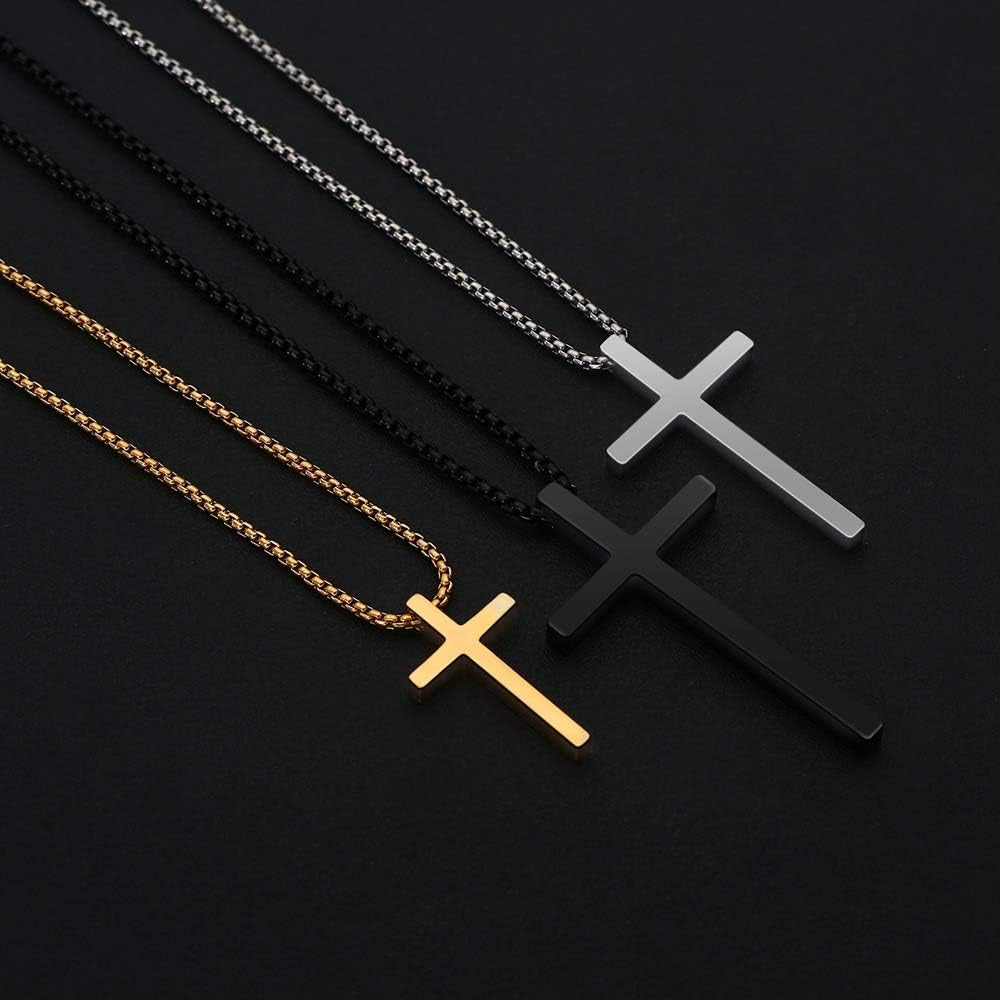 Cross Necklace for Men Teen Boys, Silver Black Gold Stainless Steel Plain Cross Pendant Necklace Box Chain 16-30 Inch