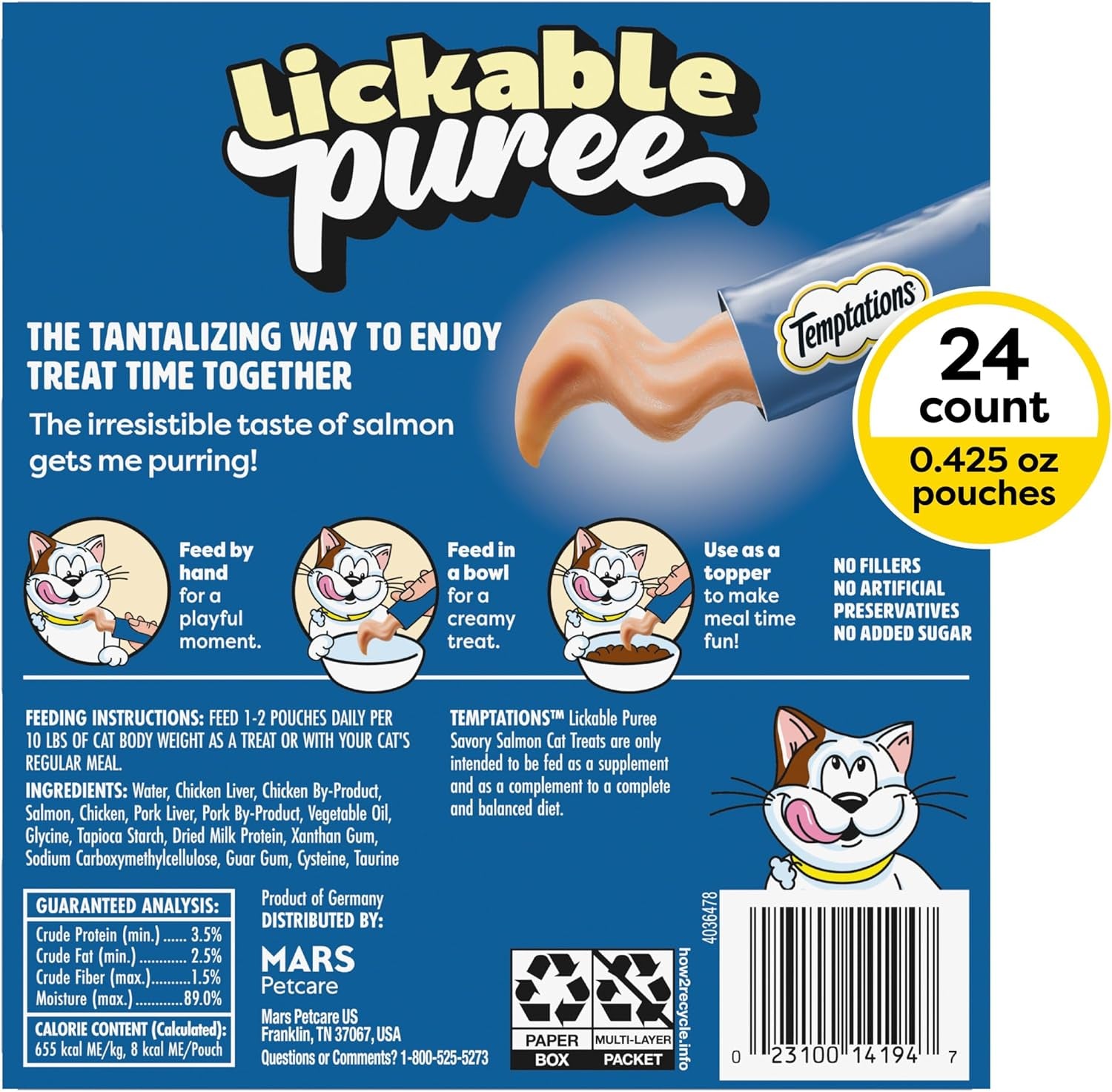 Creamy Puree Squeezable Lickable Cat Treats, Wet Cat Treats with Salmon, 0.42 Oz. Tubes, 24 Count - Packaging May Vary