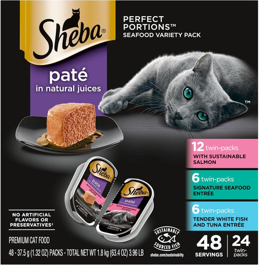 Perfect Portions Wet Cat Food Pate with Sustainable Salmon, Signature Seafood Entree, and Tender White Fish and Tuna Entree Variety Pack, 2.6 Oz. Twin Pack Trays (24 Count, 48 Servings)