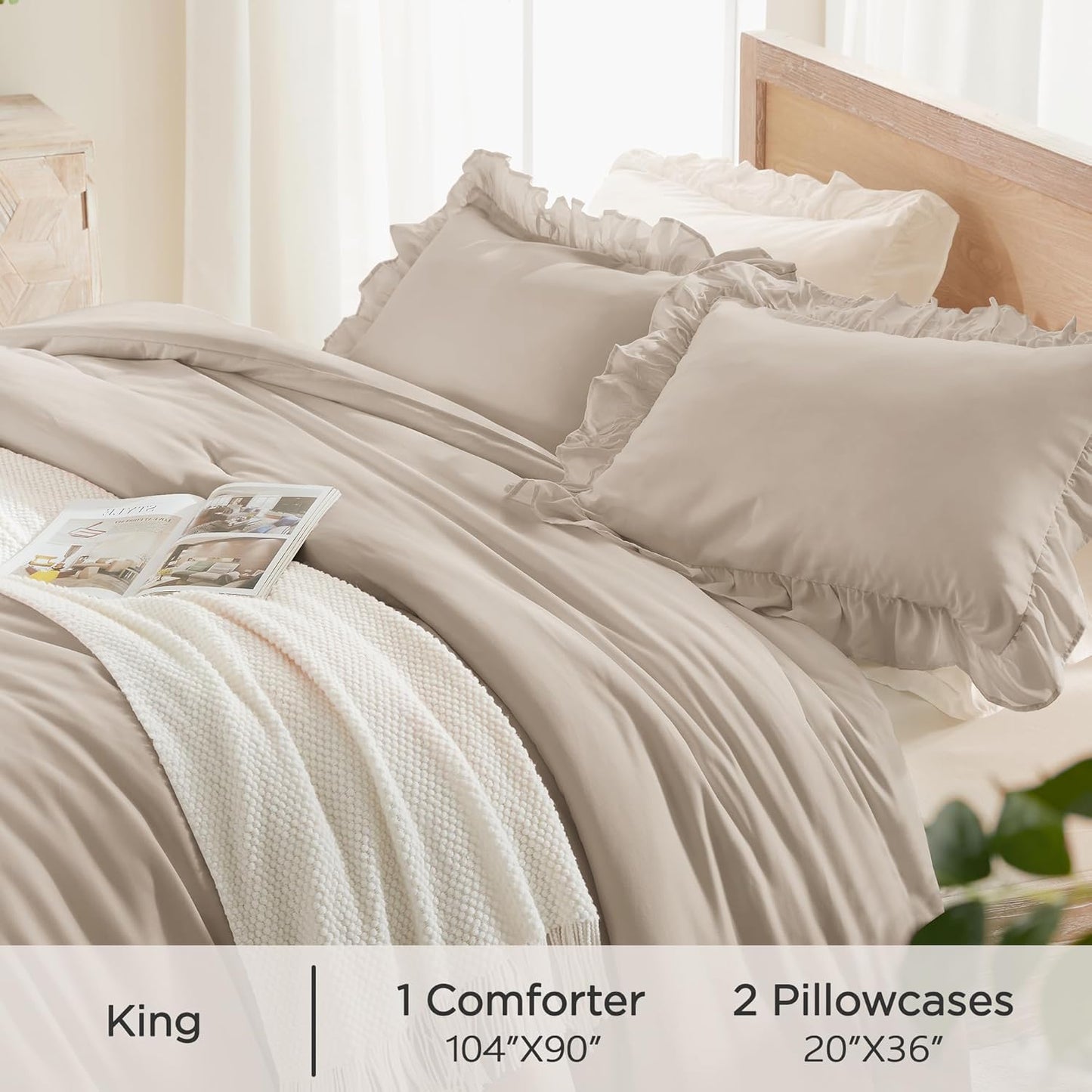Wheat Ruffled Comforter King(104X90Inch), 3 Pieces(1 Ruffle Comforter and 2 Pillowcases) Vintage Ruffle Fringe Comforter, Farmhouse Rustic Polyester down Alternative Bedding Comforter Set
