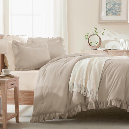Wheat Ruffled Comforter King(104X90Inch), 3 Pieces(1 Ruffle Comforter and 2 Pillowcases) Vintage Ruffle Fringe Comforter, Farmhouse Rustic Polyester down Alternative Bedding Comforter Set