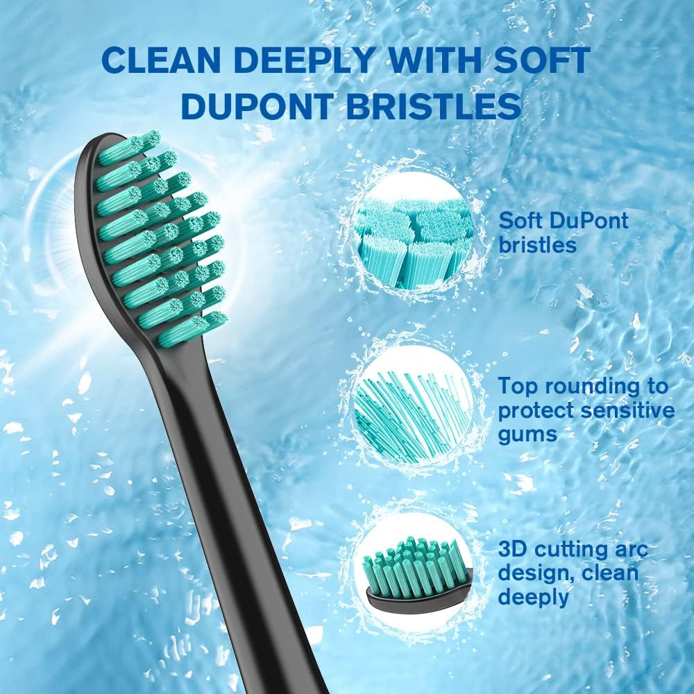 Electric Toothbrush for Adults, 10 Replacement Heads, 1 Travel Case, Sonic, Soft, IP7 Waterproof, Smart Timer, Battery Powered