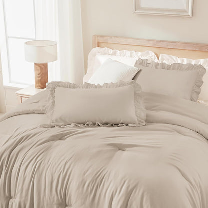 Wheat Ruffled Comforter King(104X90Inch), 3 Pieces(1 Ruffle Comforter and 2 Pillowcases) Vintage Ruffle Fringe Comforter, Farmhouse Rustic Polyester down Alternative Bedding Comforter Set