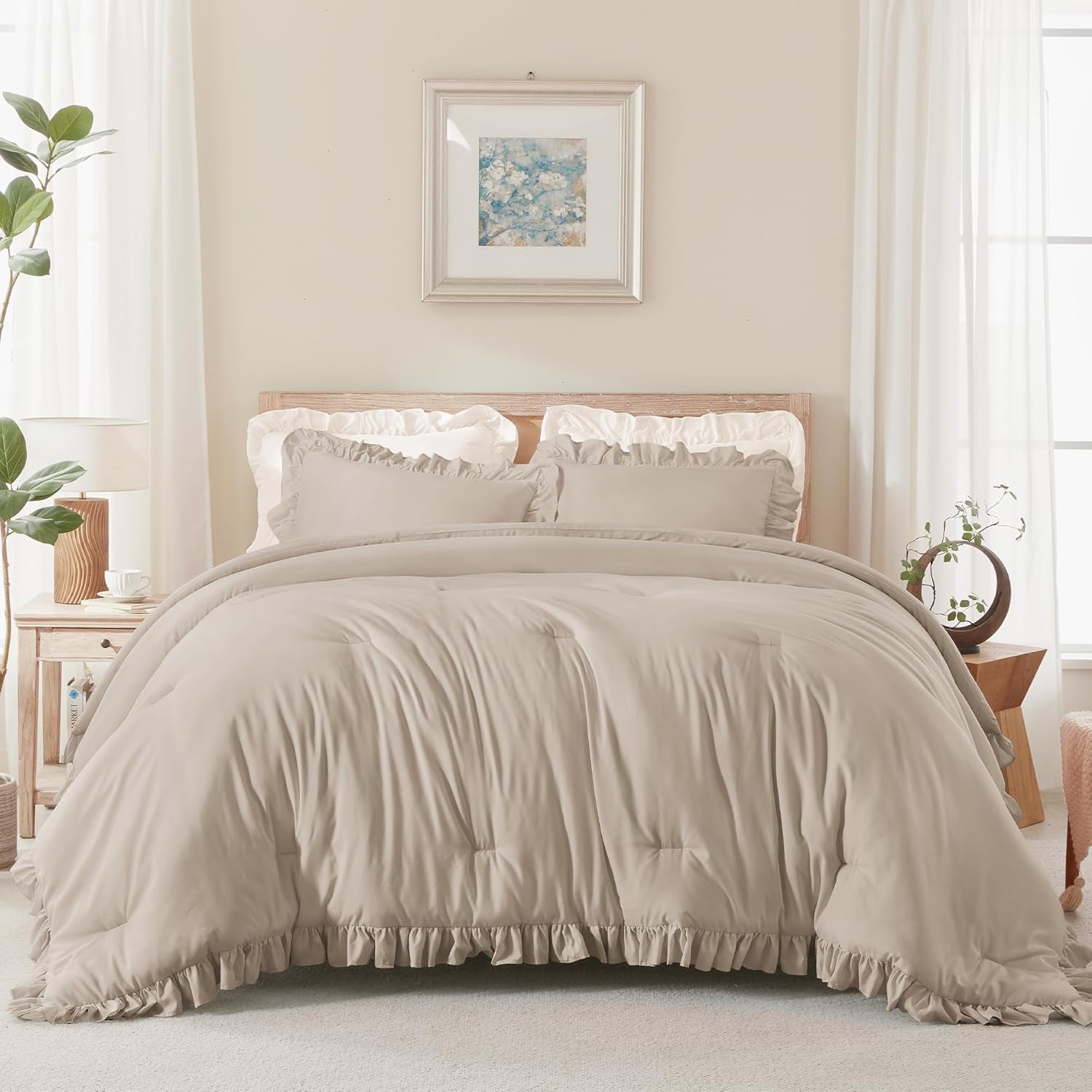 Wheat Ruffled Comforter King(104X90Inch), 3 Pieces(1 Ruffle Comforter and 2 Pillowcases) Vintage Ruffle Fringe Comforter, Farmhouse Rustic Polyester down Alternative Bedding Comforter Set