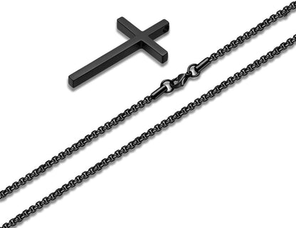 Cross Necklace for Men Teen Boys, Silver Black Gold Stainless Steel Plain Cross Pendant Necklace Box Chain 16-30 Inch