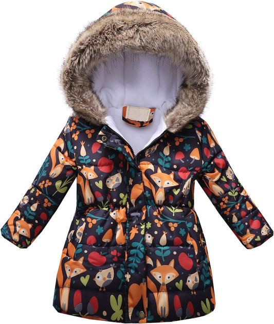 Kids Girls Faux Fur Hooded down Jacket Coat Kids Winter Warm Fleece Lined Thick Floral Hooded Windproof Coats Outerwear Z90