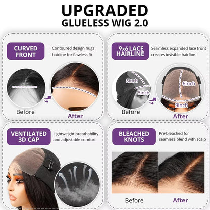 Glueless Wigs Human Hair Pre Plucked Pre Cut 9X6 Straight Lace Front Wigs Human Hair Hd Lace Front Closure Wigs for Women 250% Density Wear and Go Glueless Wig Ready to Wear Natural Black24Inch