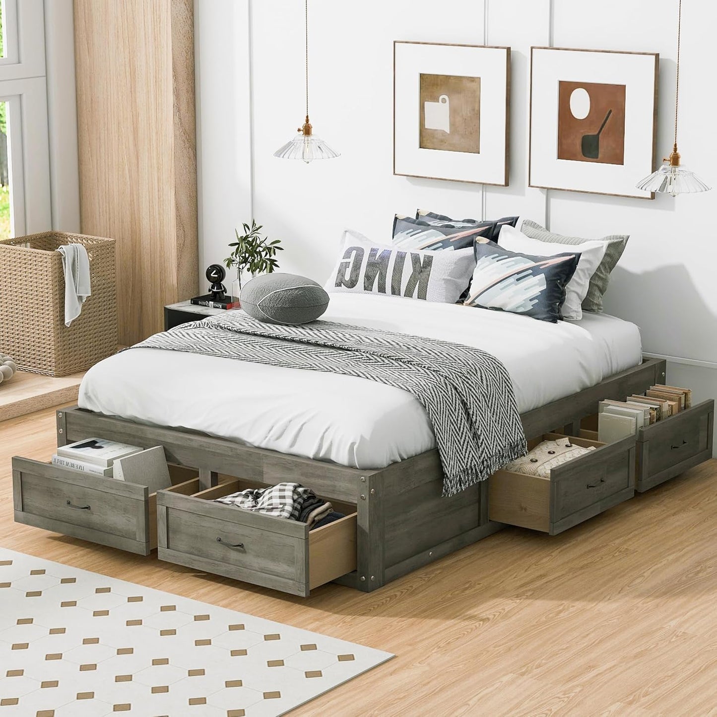 Full Size Platform Bed, Wooden Full Bed with 6 Storage Drawers, Antique Gray