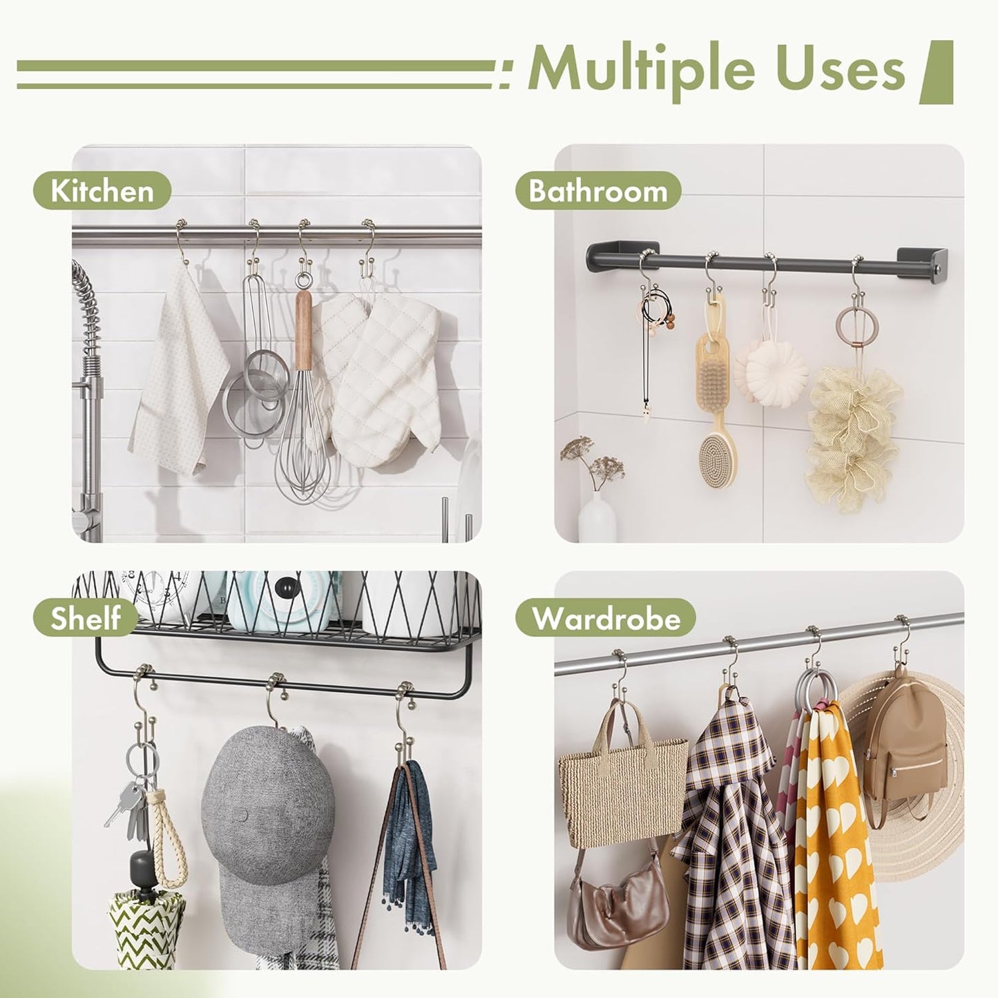 Shower Curtain Hooks, 12PCS Rust-Resistant Metal Double Shower Curtain Rings for Curtain Rolling Shower Hooks, Shower Rings for Bathroom Shower Curtain Rod, Nickel
