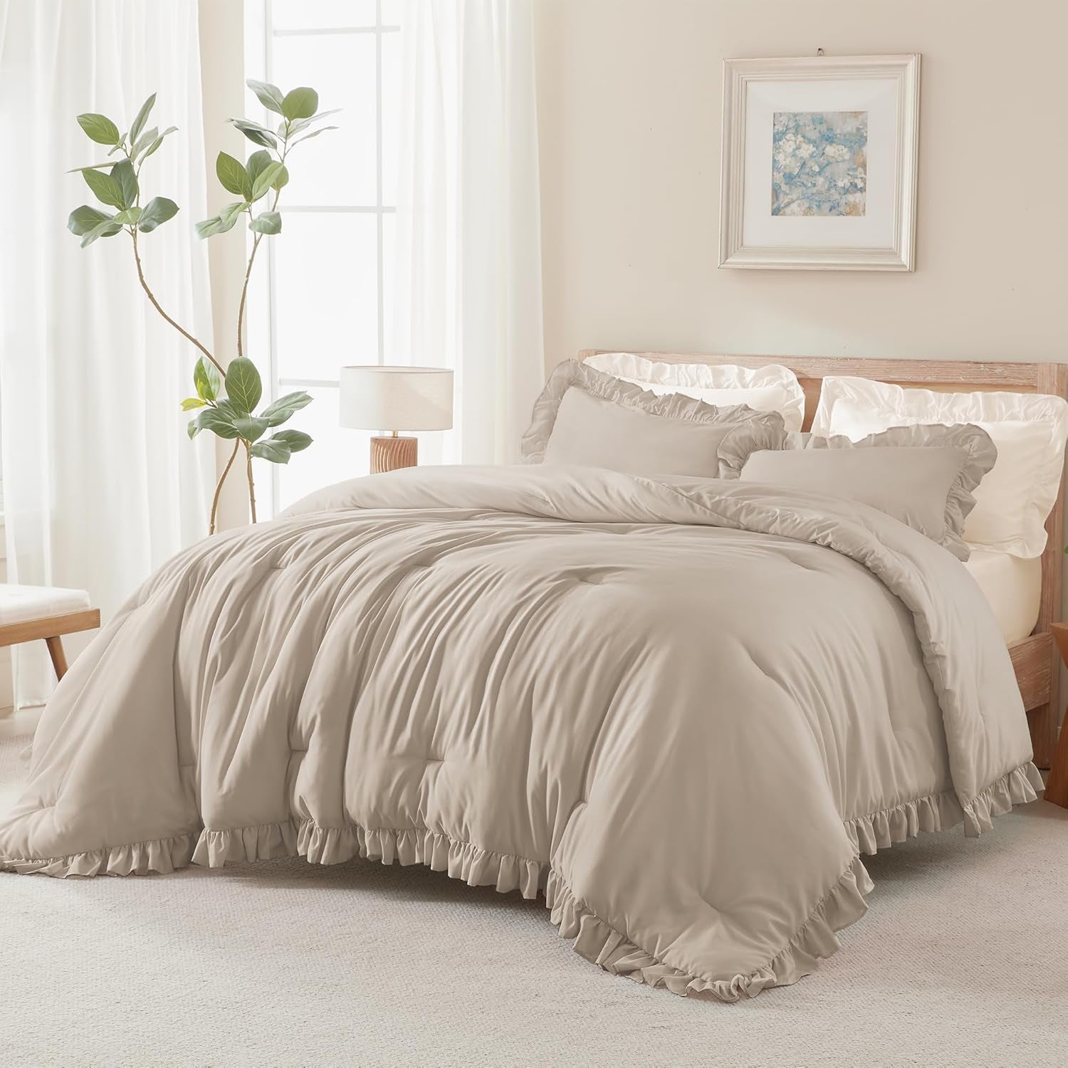 Wheat Ruffled Comforter King(104X90Inch), 3 Pieces(1 Ruffle Comforter and 2 Pillowcases) Vintage Ruffle Fringe Comforter, Farmhouse Rustic Polyester down Alternative Bedding Comforter Set