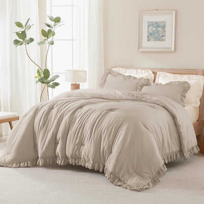 Wheat Ruffled Comforter King(104X90Inch), 3 Pieces(1 Ruffle Comforter and 2 Pillowcases) Vintage Ruffle Fringe Comforter, Farmhouse Rustic Polyester down Alternative Bedding Comforter Set