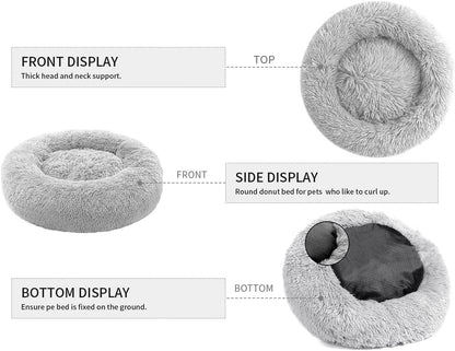 Calming Dog Bed for Medium Dogs, anti Anxiety Donut Dog Bed, round Dog Bed for Puppy, Plush Faux Fur Dog Bed, Fluffy Dog Bed, Soft Fuzzy Pet Bed, Machine Washable, 23X23Inch Grey