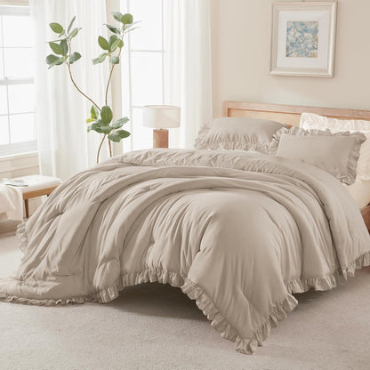 Wheat Ruffled Comforter King(104X90Inch), 3 Pieces(1 Ruffle Comforter and 2 Pillowcases) Vintage Ruffle Fringe Comforter, Farmhouse Rustic Polyester down Alternative Bedding Comforter Set